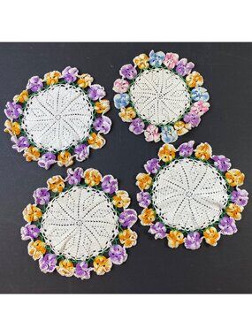 Set Of 4 Vintage Handcrafted Crochet White Purple Orange Floral Doilies